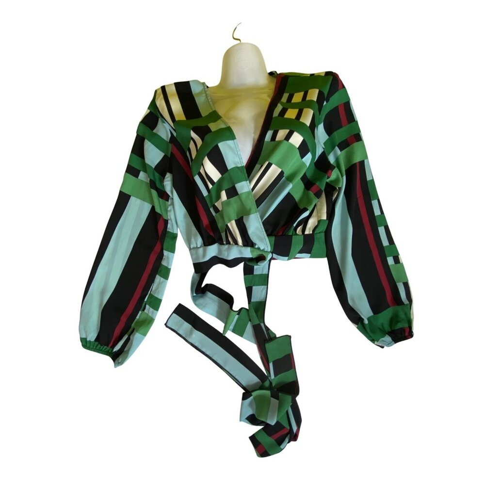Fashion Nova Striped Green & Black Sexy Long Sleeve Tie-Back Crop Top XL Y2k Hot